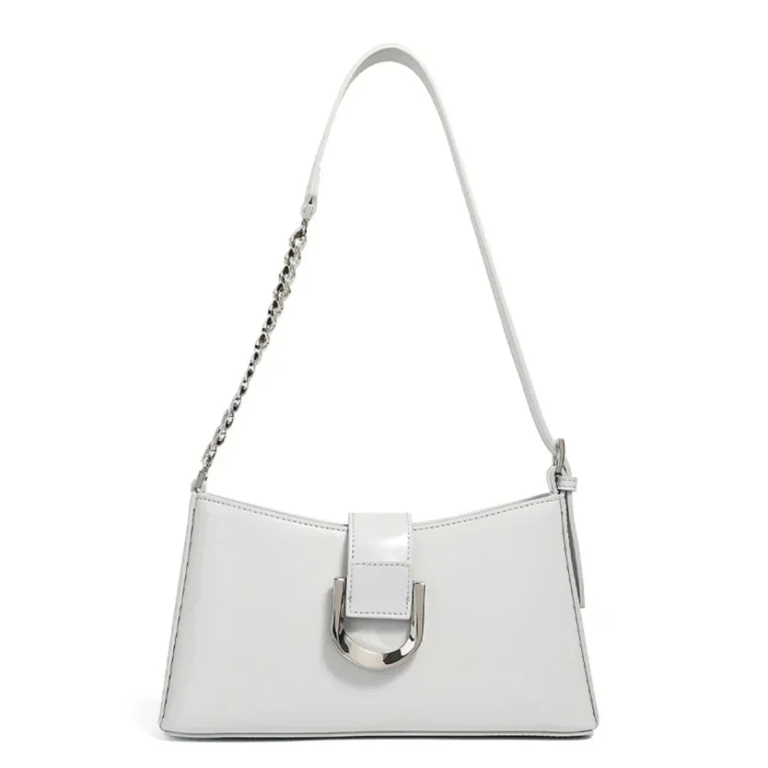 White leather shoulder bag with silver buckle and chain strap, minimalist purse