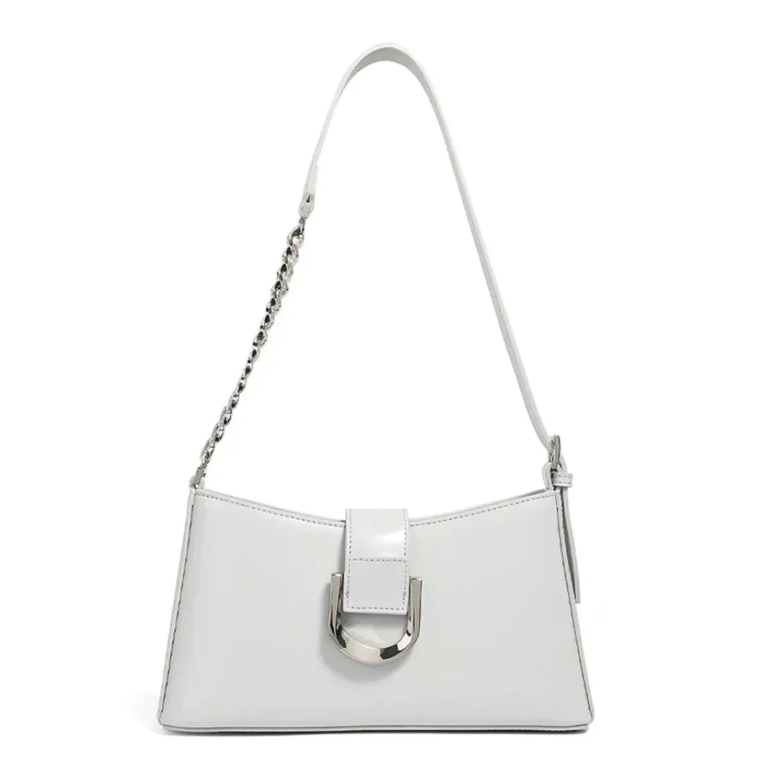 White leather shoulder bag with silver buckle and chain strap, minimalist purse