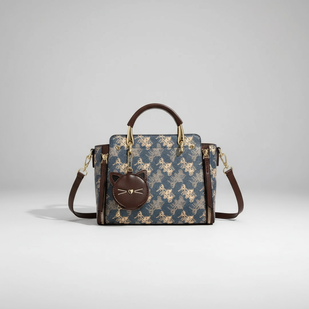 Blue patterned handbag with brown accents on a marble surface