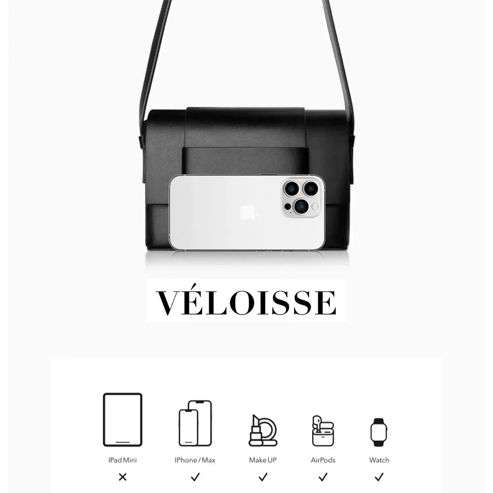 Black VELOISSE crossbody bag with iPhone, icons showing item fit comparison below.