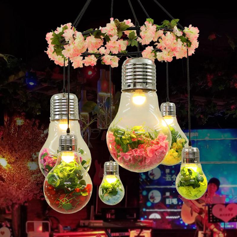 Black 6 Heads Cluster Pendant Industrial Clear Glass Bulb Shape LED Flower Suspension Light - Rebooters