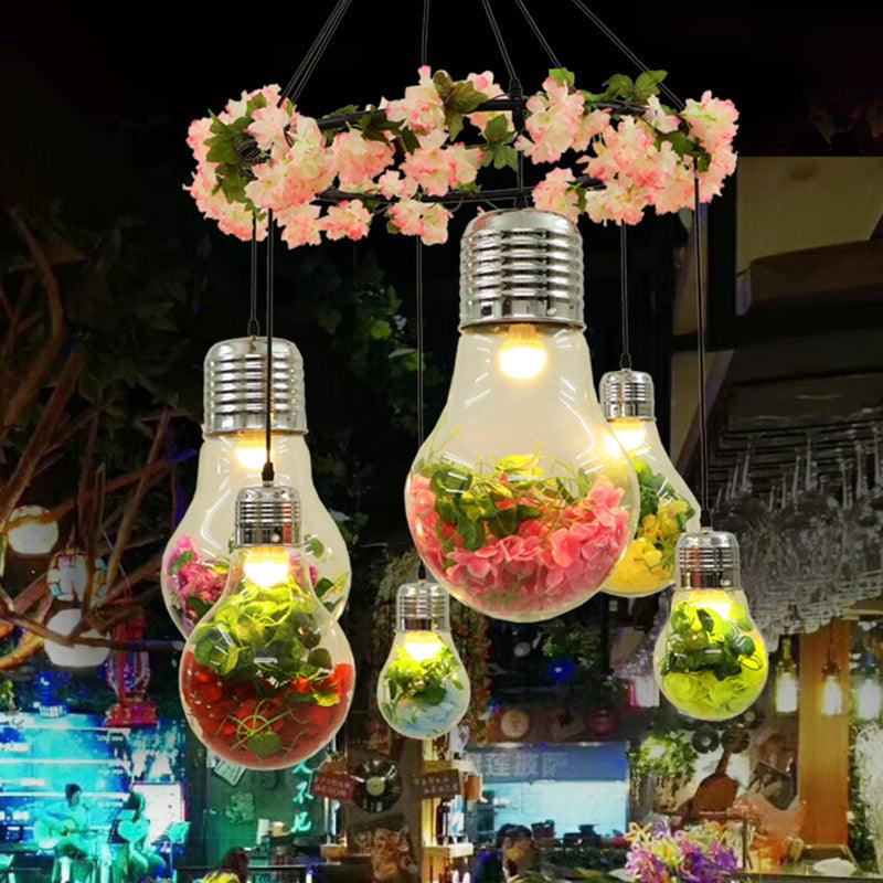 Black 6 Heads Cluster Pendant Industrial Clear Glass Bulb Shape LED Flower Suspension Light - Rebooters