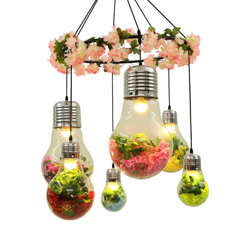 Black 6 Heads Cluster Pendant Industrial Clear Glass Bulb Shape LED Flower Suspension Light - Rebooters