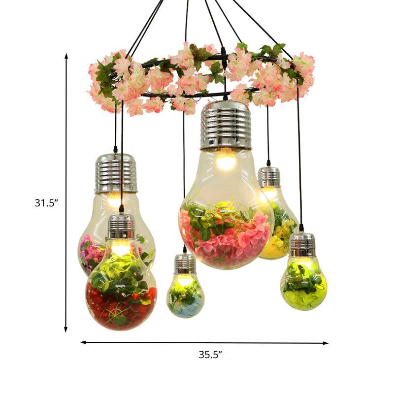 Black 6 Heads Cluster Pendant Industrial Clear Glass Bulb Shape LED Flower Suspension Light - Rebooters