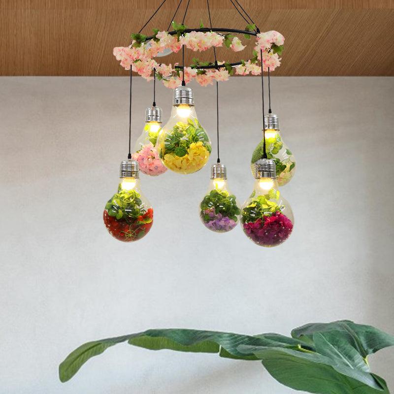 Black 6 Heads Cluster Pendant Industrial Clear Glass Bulb Shape LED Flower Suspension Light - Rebooters