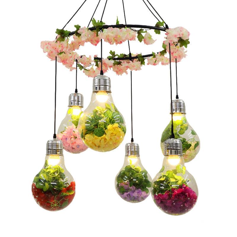 Black 6 Heads Cluster Pendant Industrial Clear Glass Bulb Shape LED Flower Suspension Light - Rebooters