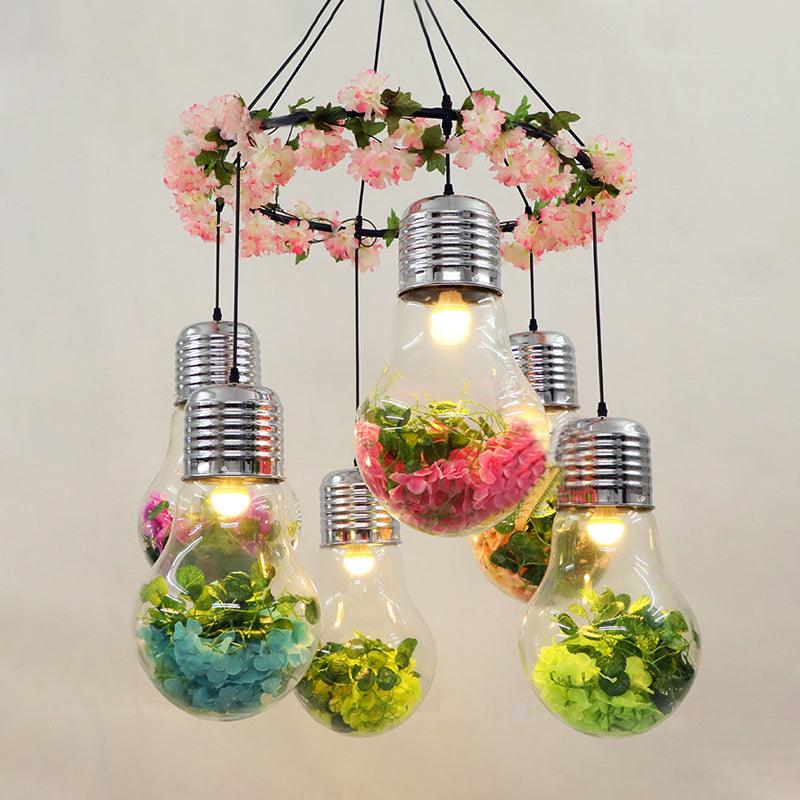 Black 6 Heads Cluster Pendant Industrial Clear Glass Bulb Shape LED Flower Suspension Light - Rebooters
