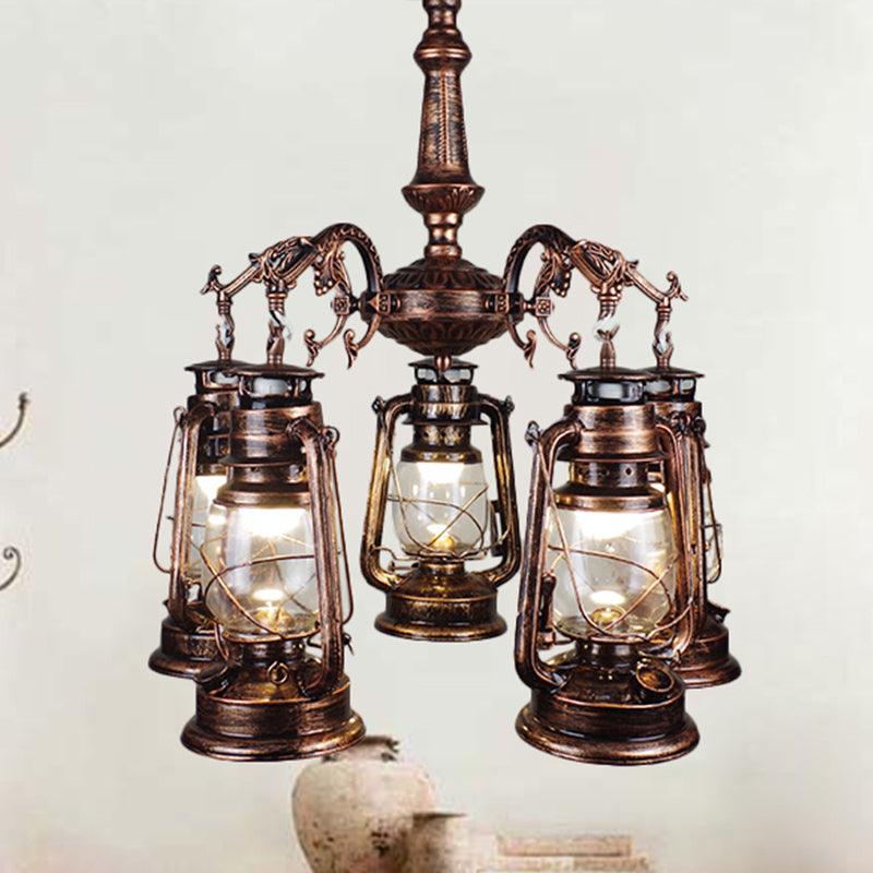 5 Lights Clear Glass Pendant Chandelier Antique Stylish Bronze Copper Kerosene Dining Room Fixture - Rebooters