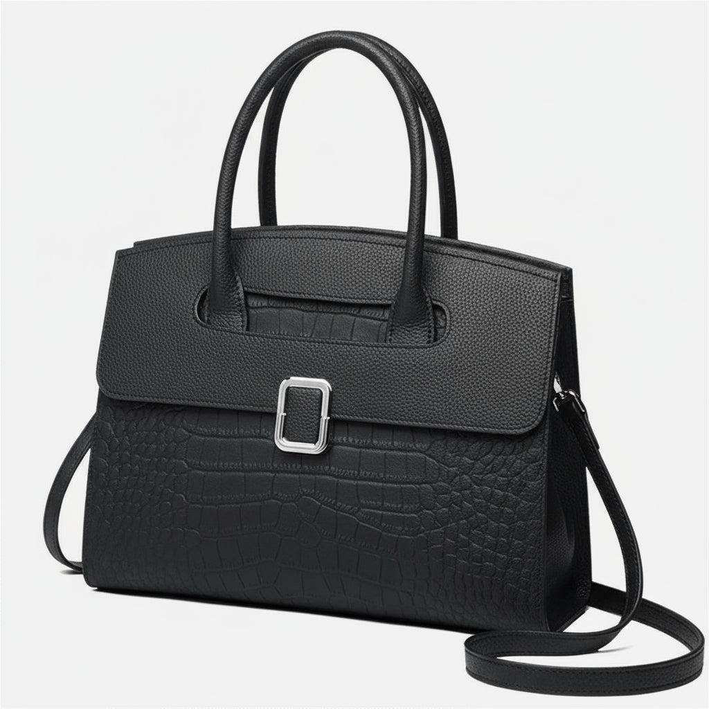 Elegant black leather handbag with crocodile texture and silver buckle on white background