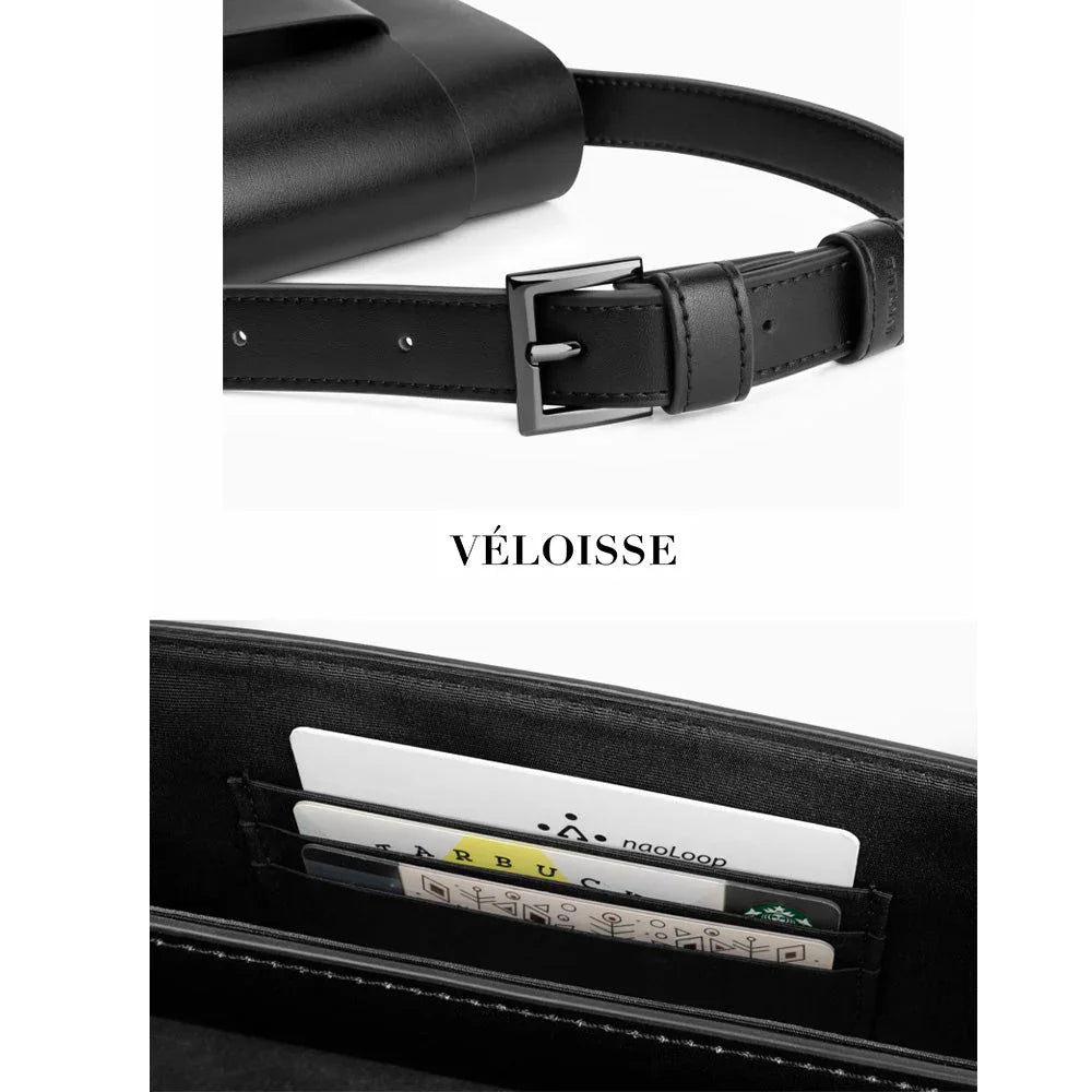Close-up of black leather belt bag with silver buckle and wallet card slots, Veloisse branding