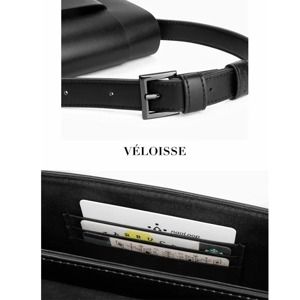 Close-up of black leather belt bag with silver buckle and wallet card slots, Veloisse branding
