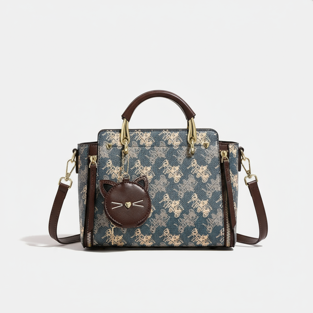 Blue handbag with brown accents and cat-shaped charm on a white background