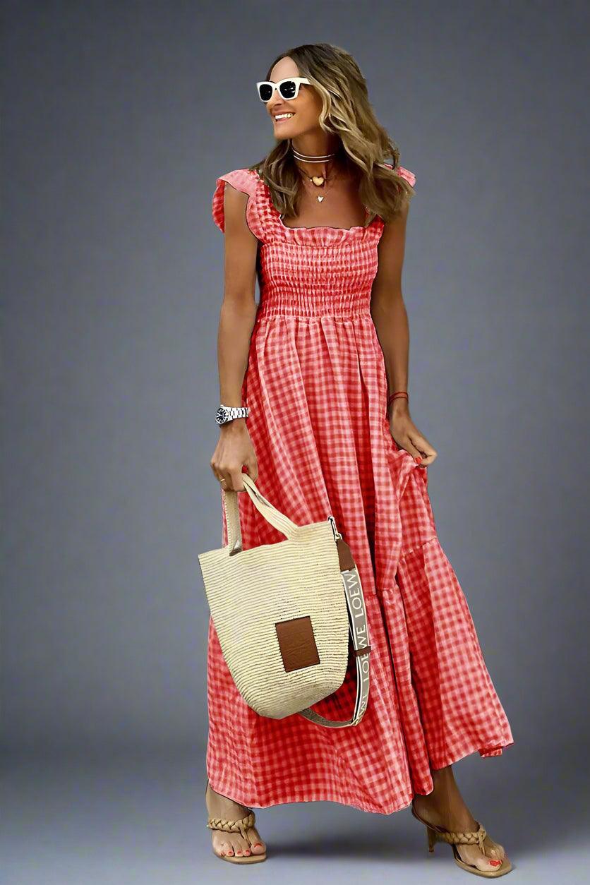 Emily Classic Checkered Ruffle Maxi Dress with Flowing Silhouette for Elegant Style Rebooters Maxi Women's Dresses