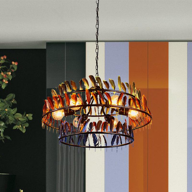 6 Bulbs Hanging Lighting Art Deco Feather Metallic Chandelier Pendant Lamp in Red and Blue - Rebooters