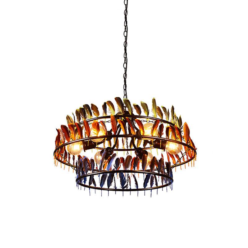 6 Bulbs Hanging Lighting Art Deco Feather Metallic Chandelier Pendant Lamp in Red and Blue - Rebooters