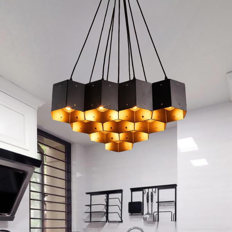 Hexagon Restaurant Pendant Chandelier Vintage Metal 7 Lights Black Down Lighting - Rebooters