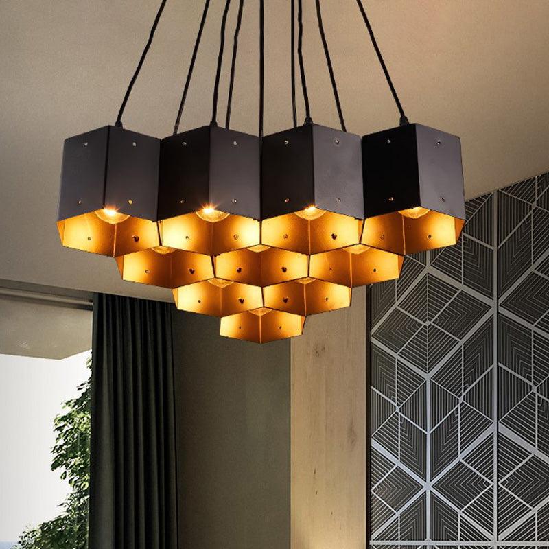 Hexagon Restaurant Pendant Chandelier Vintage Metal 7 Lights Black Down Lighting - Rebooters