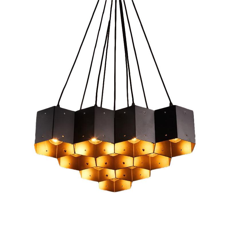 Hexagon Restaurant Pendant Chandelier Vintage Metal 7 Lights Black Down Lighting - Rebooters