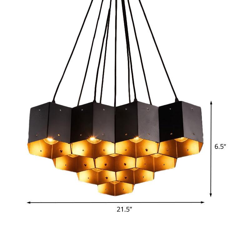 Hexagon Restaurant Pendant Chandelier Vintage Metal 7 Lights Black Down Lighting - Rebooters