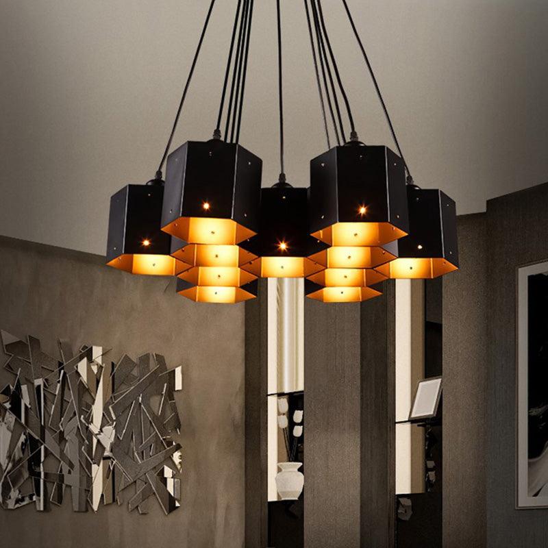 Hexagon Restaurant Pendant Chandelier Vintage Metal 7 Lights Black Down Lighting - Rebooters