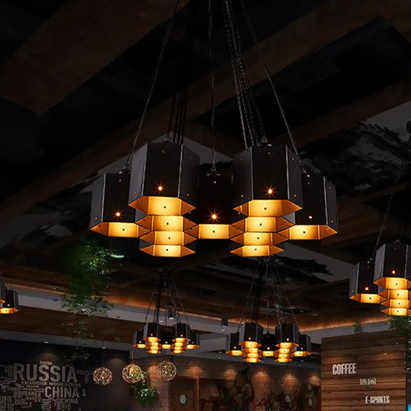 Hexagon Restaurant Pendant Chandelier Vintage Metal 7 Lights Black Down Lighting - Rebooters