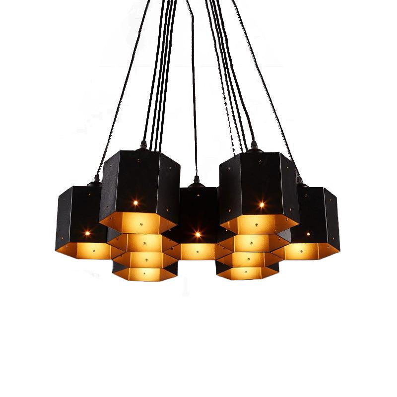 Hexagon Restaurant Pendant Chandelier Vintage Metal 7 Lights Black Down Lighting - Rebooters