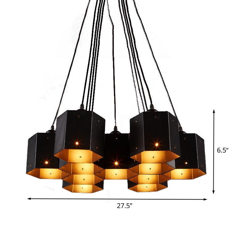 Hexagon Restaurant Pendant Chandelier Vintage Metal 7 Lights Black Down Lighting - Rebooters