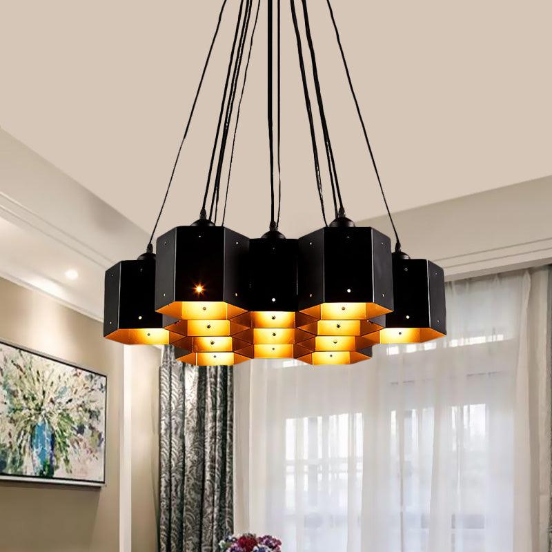 Hexagon Restaurant Pendant Chandelier Vintage Metal 7 Lights Black Down Lighting - Rebooters