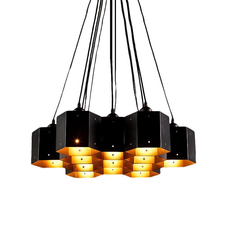 Hexagon Restaurant Pendant Chandelier Vintage Metal 7 Lights Black Down Lighting - Rebooters