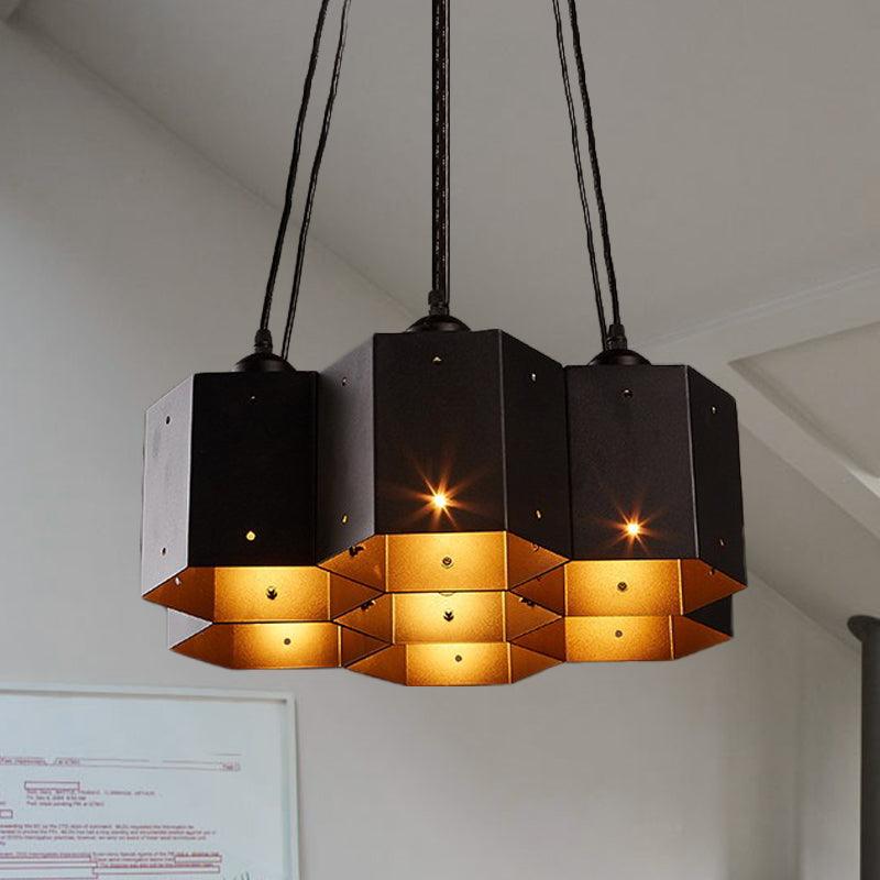 Hexagon Restaurant Pendant Chandelier Vintage Metal 7 Lights Black Down Lighting - Rebooters