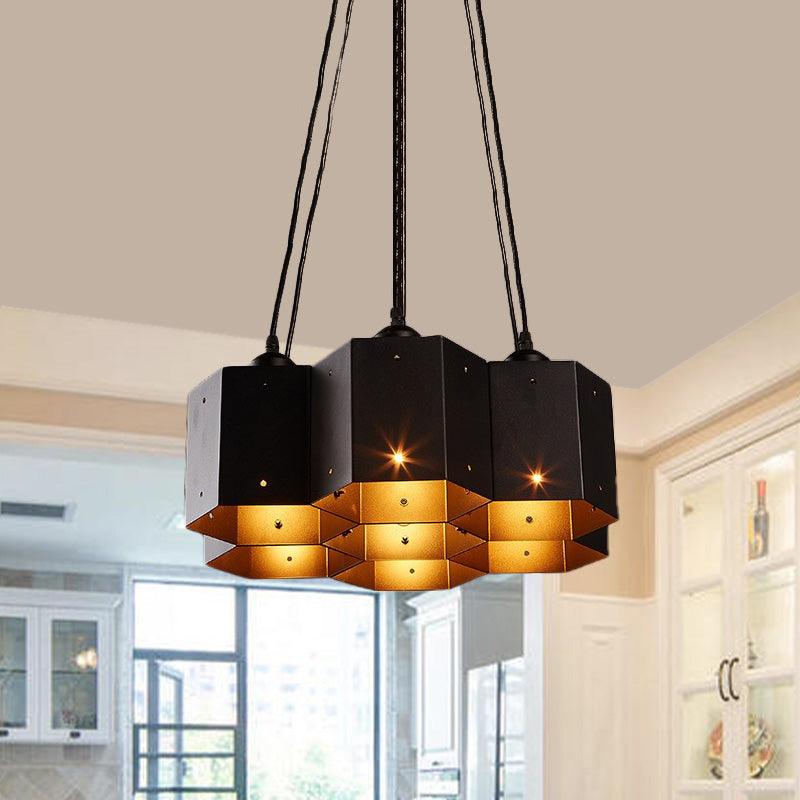 Hexagon Restaurant Pendant Chandelier Vintage Metal 7 Lights Black Down Lighting - Rebooters