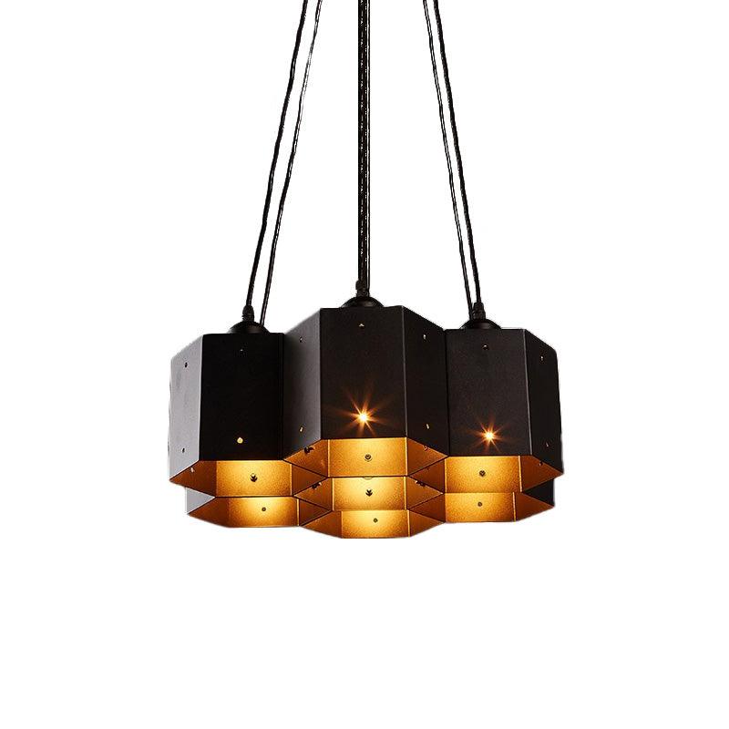 Hexagon Restaurant Pendant Chandelier Vintage Metal 7 Lights Black Down Lighting - Rebooters