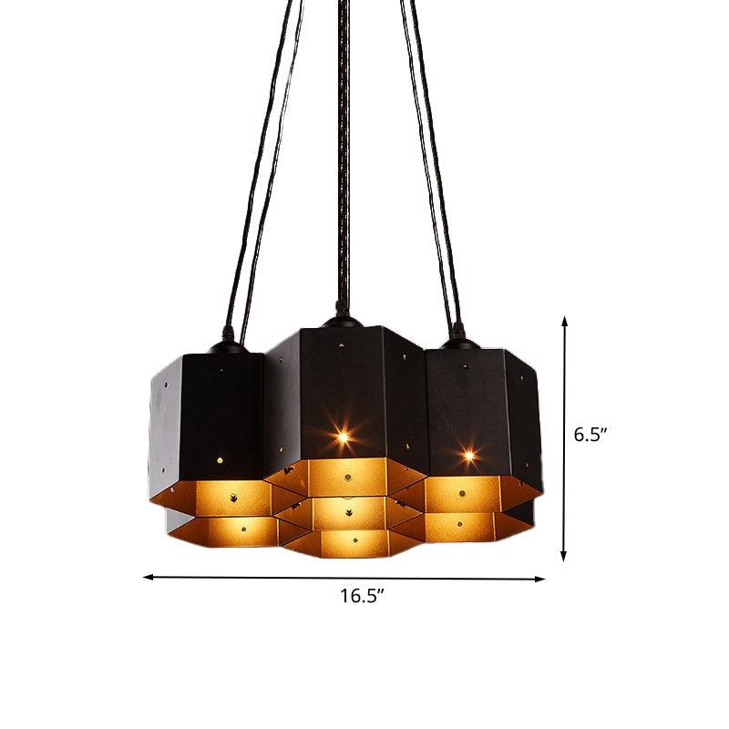 Hexagon Restaurant Pendant Chandelier Vintage Metal 7 Lights Black Down Lighting - Rebooters