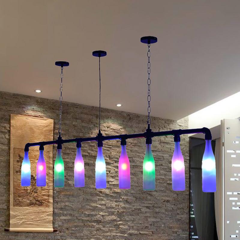 9 Lights Island Pendant Light Art Deco Wine Bottle Colorful Glass Hanging Ceiling Lamp in Black for Bar - Rebooters