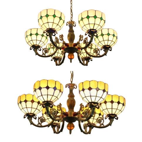 6 Heads Bowl Shade Pendant Light Tiffany Antique Glass Chandelier in Green Yellow for Hotel - Rebooters