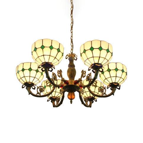 6 Heads Bowl Shade Pendant Light Tiffany Antique Glass Chandelier in Green Yellow for Hotel - Rebooters
