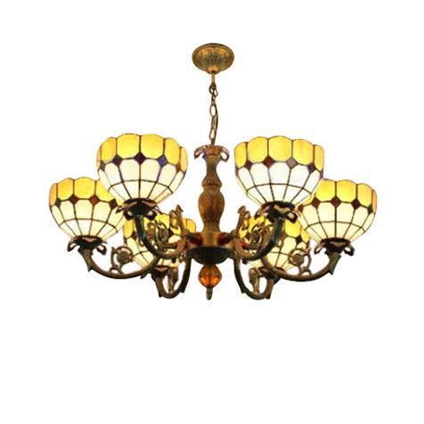 6 Heads Bowl Shade Pendant Light Tiffany Antique Glass Chandelier in Green Yellow for Hotel - Rebooters
