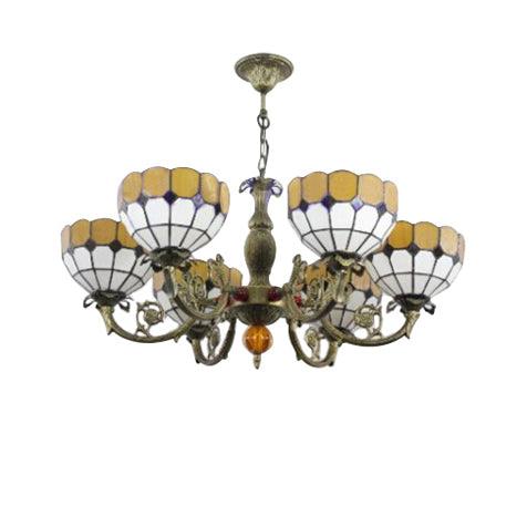 6 Heads Bowl Shade Pendant Light Tiffany Antique Glass Chandelier in Green Yellow for Hotel - Rebooters