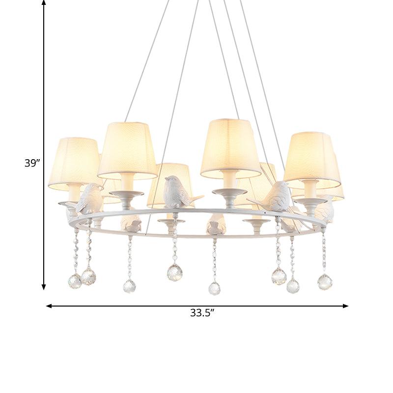 8 Lights Pendant Light Classic Cone Fabric Hanging Chandelier in White for Bedroom with Crystal Draping - Rebooters