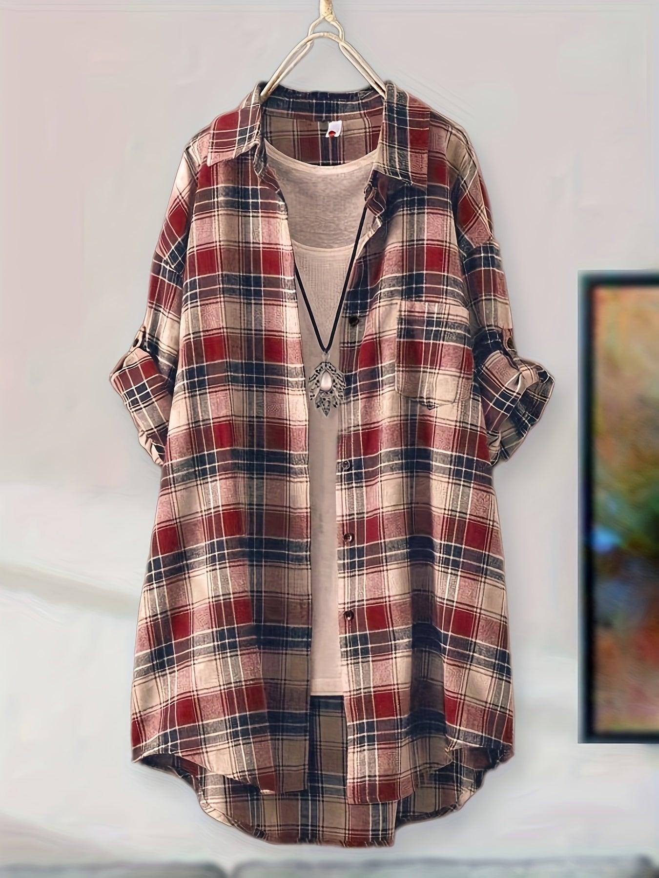 Plaid Button-Up Longline Shirt For Women - Cozy Style Rebooters Womens Shirts