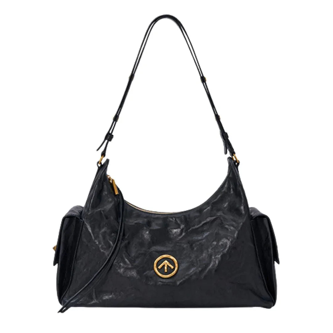 Black leather shoulder bag with gold hardware and circular logo, front view