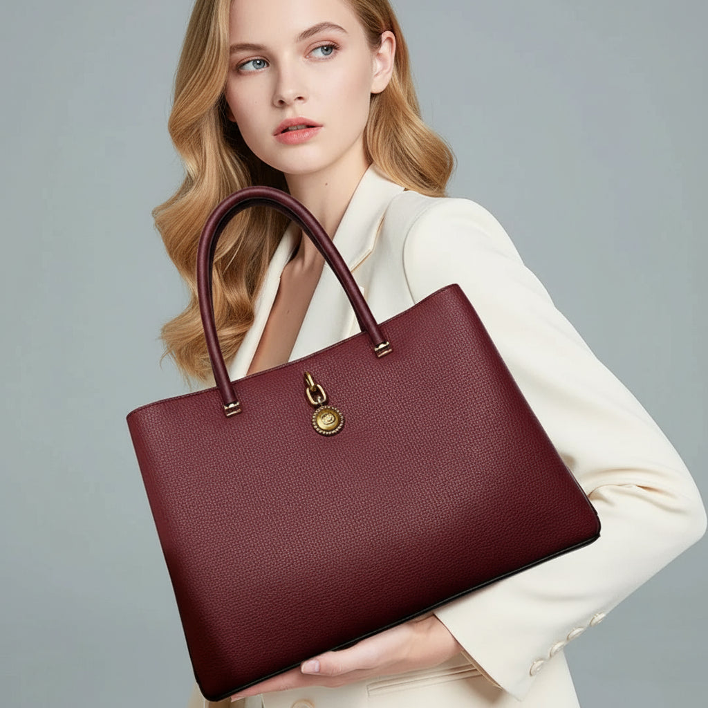 Woman in white blazer holding large burgundy leather tote bag with gold hardware