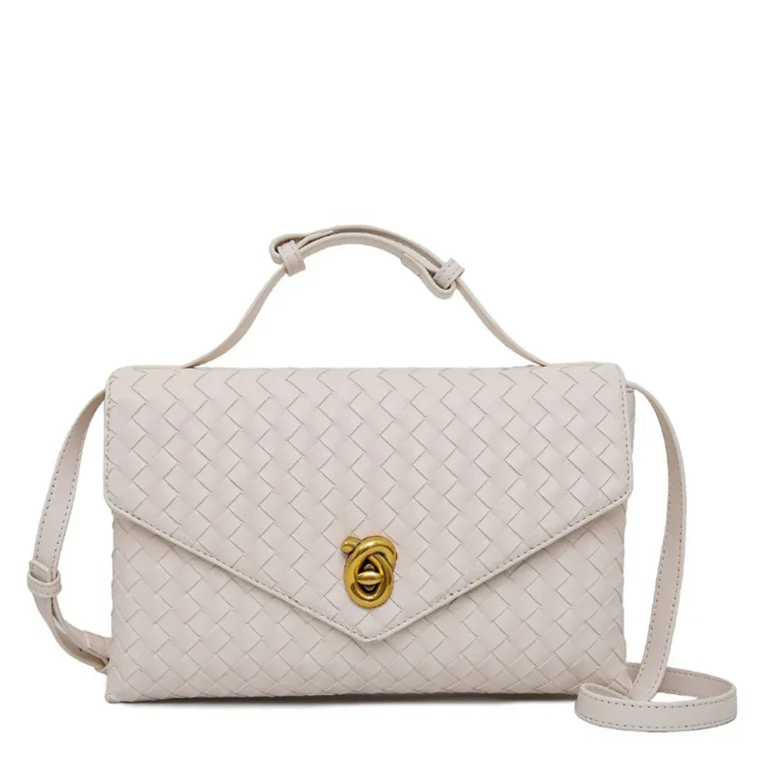 Beige woven leather crossbody bag with gold clasp and top handle, stylish handbag