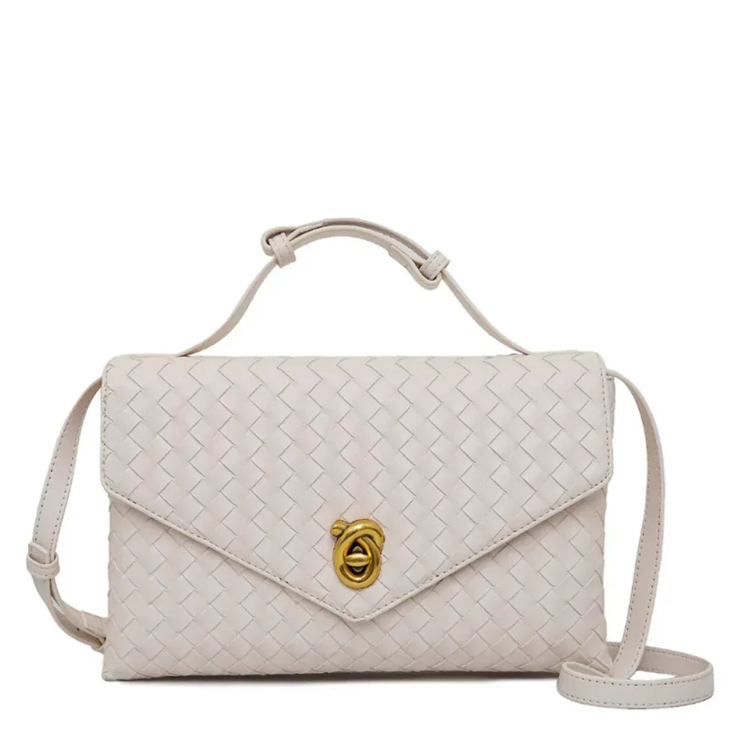 Beige woven leather crossbody bag with gold clasp and top handle, stylish handbag