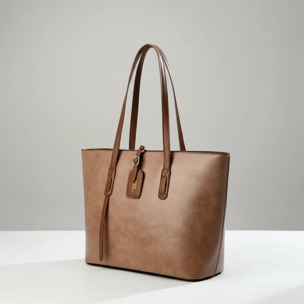 Brown leather tote bag with double handles on a white table, minimalist background