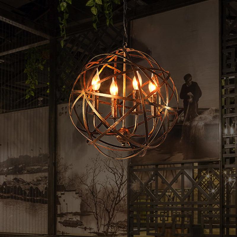 4 Heads Ceiling Light with Iron Globe Cage Shade Antique Brass - Rebooters