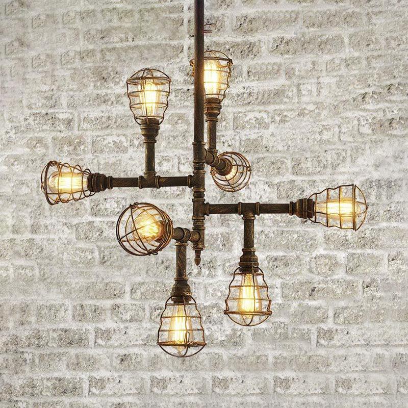 8/12 Heads Wire Cage Hanging Chandelier Lamp Vintage Stylish Bronze Iron Light for Dining Room - Rebooters