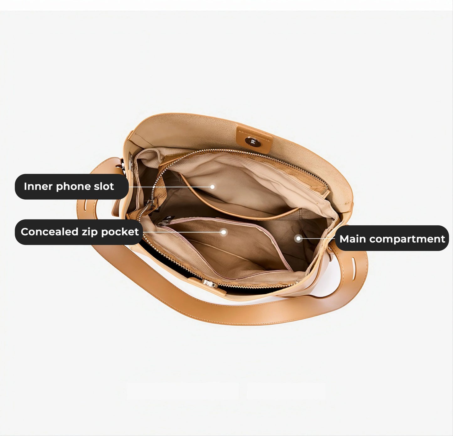 Open tan handbag showing main compartment, inner phone slot, and concealed zip pocket
