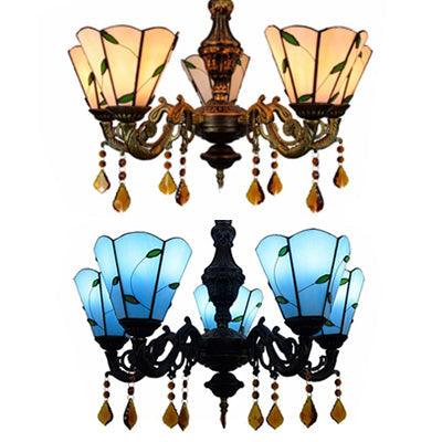 5 Heads Scalloped Rustic Stained Glass Leaf Chandelier - Rebooters