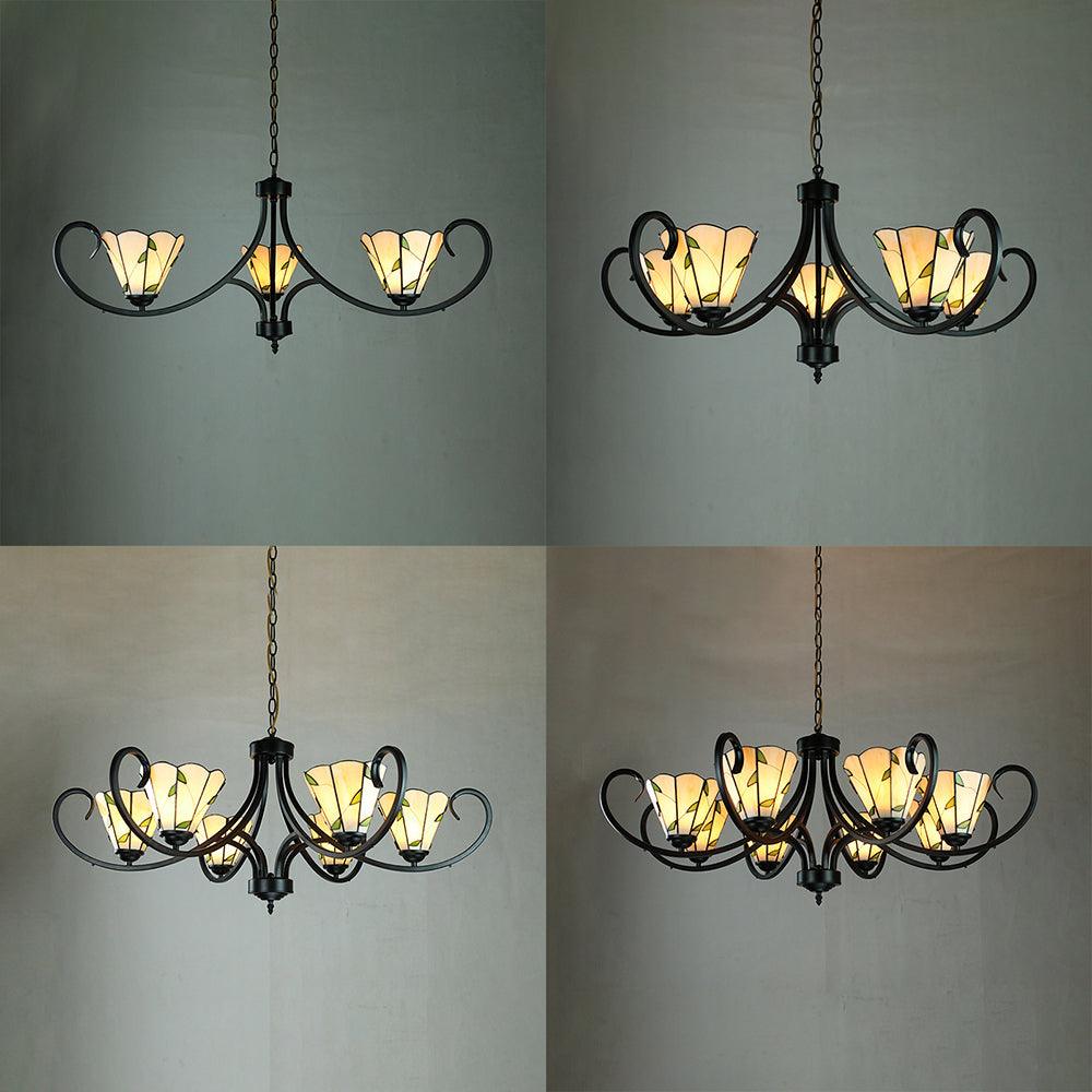 Beige Cone-Shaped Suspension Light Retro Style Stained Glass Leaf Pattern Chandelier - Rebooters